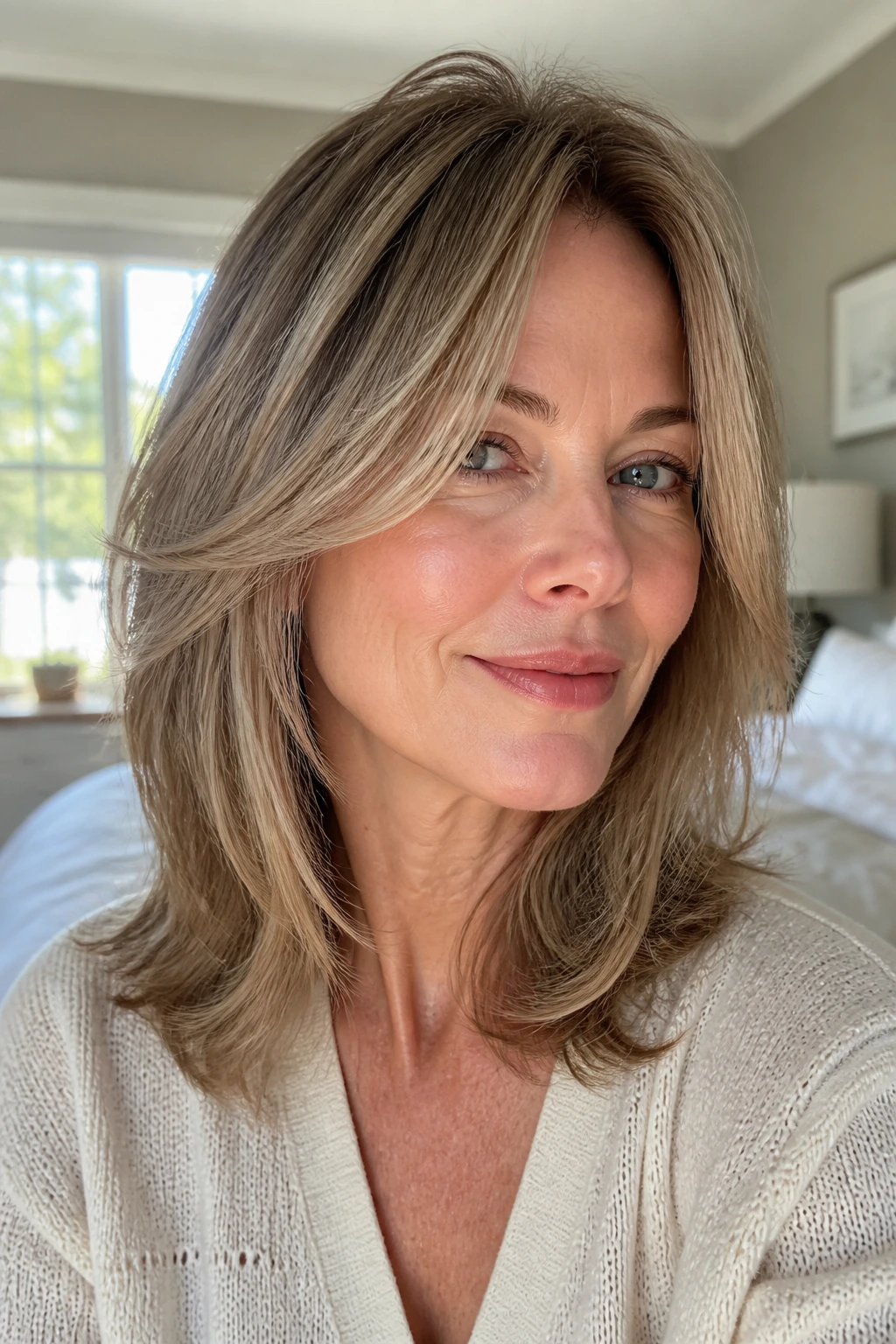 Real woman with airy layers on fine hair in bright room