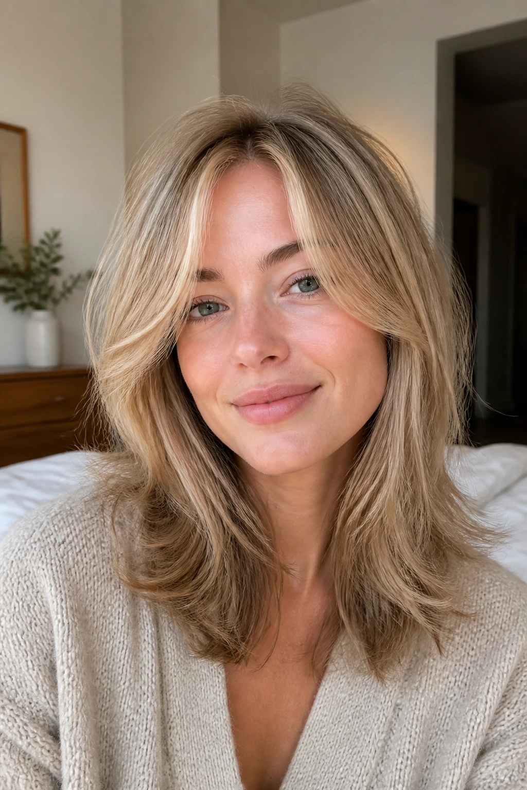 Close-up portrait of a real woman with fine hair and airy layers