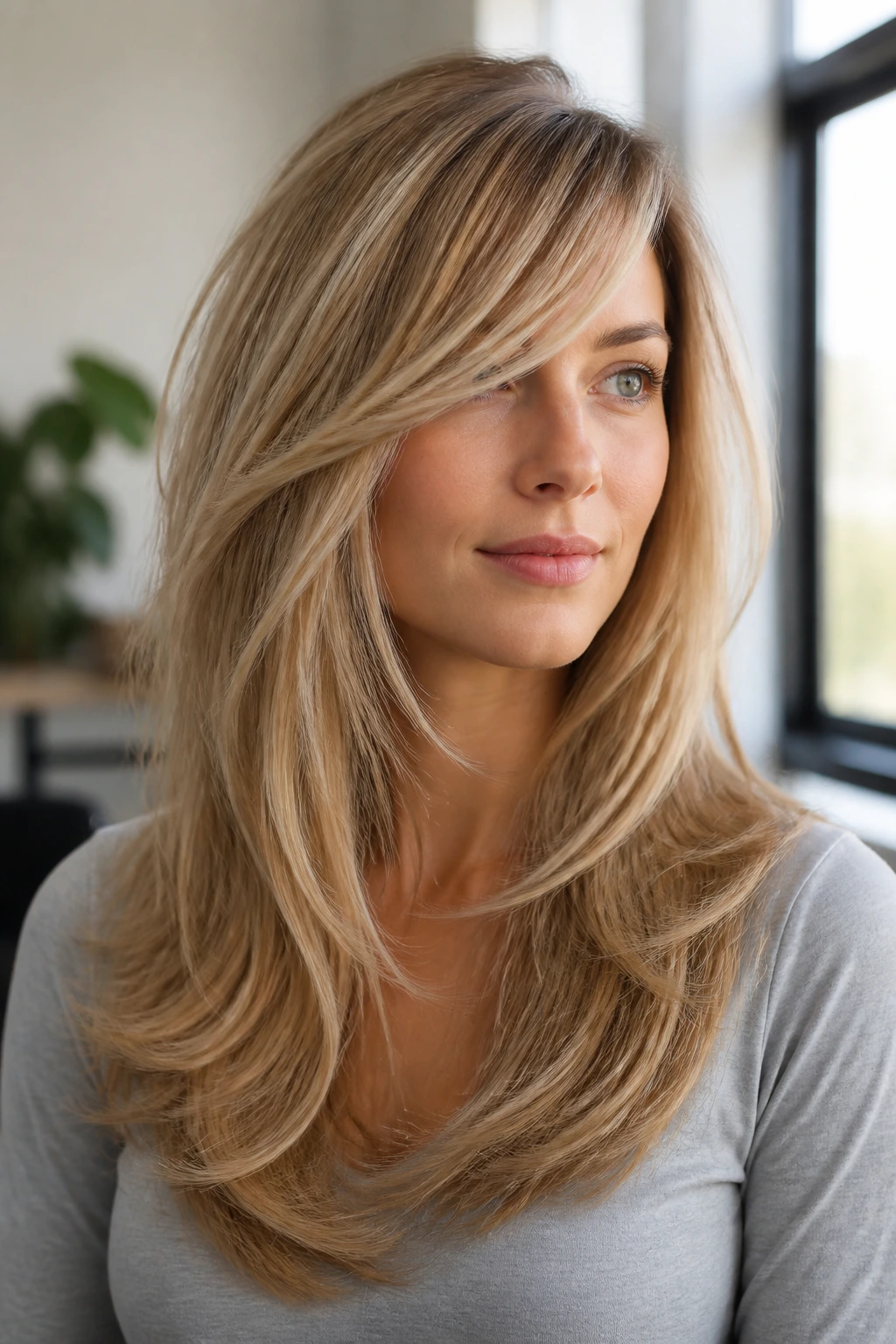Close-up of a real woman with airy layers on fine hair in a bright room.