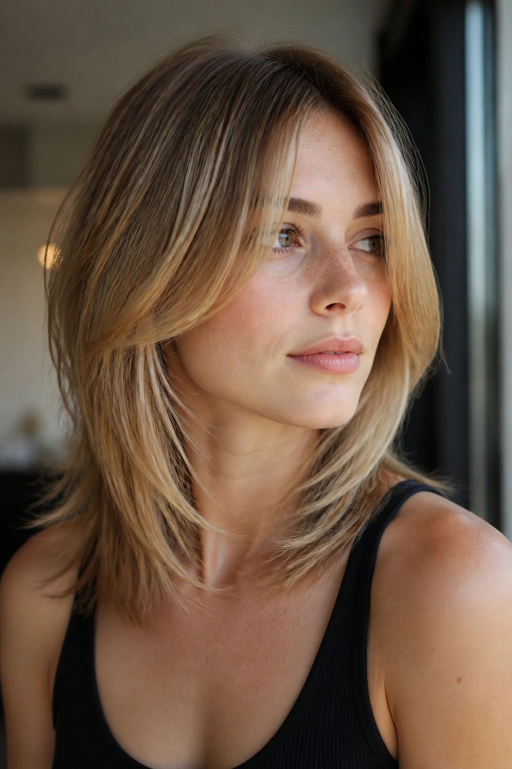 Portrait of a real woman with airy layers on fine straight hair in soft window light
