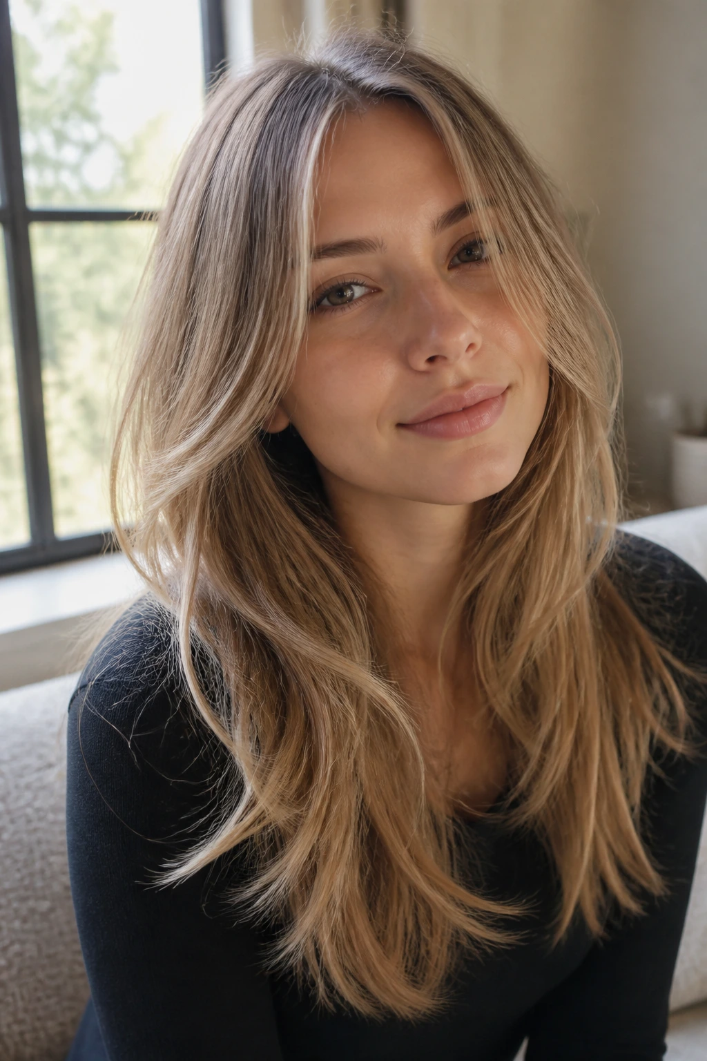 Close-up of a real woman with airy layers in fine hair maintaining length