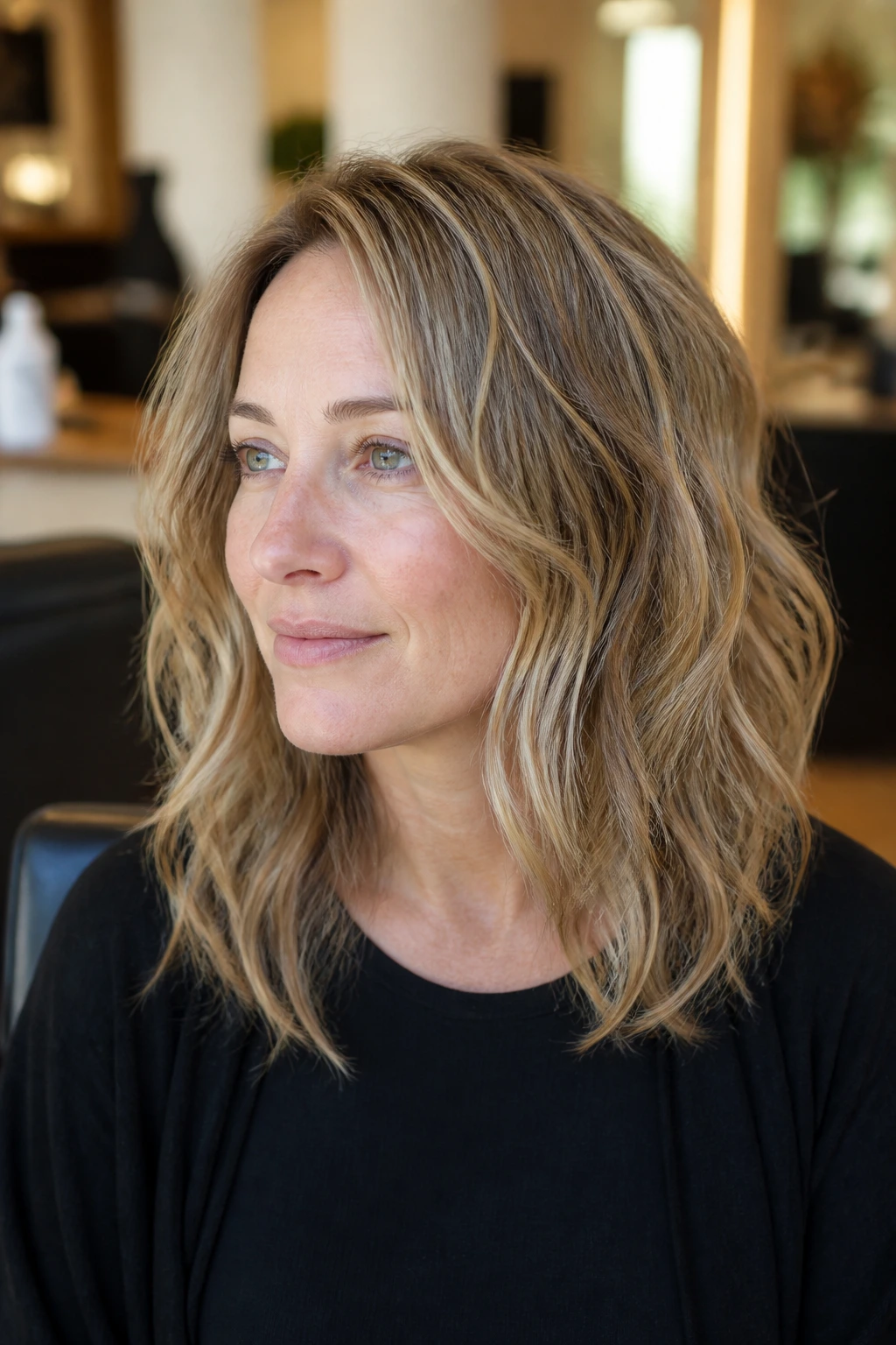 Close-up portrait of a real woman with airy layers in fine wavy hair in a warm salon setting