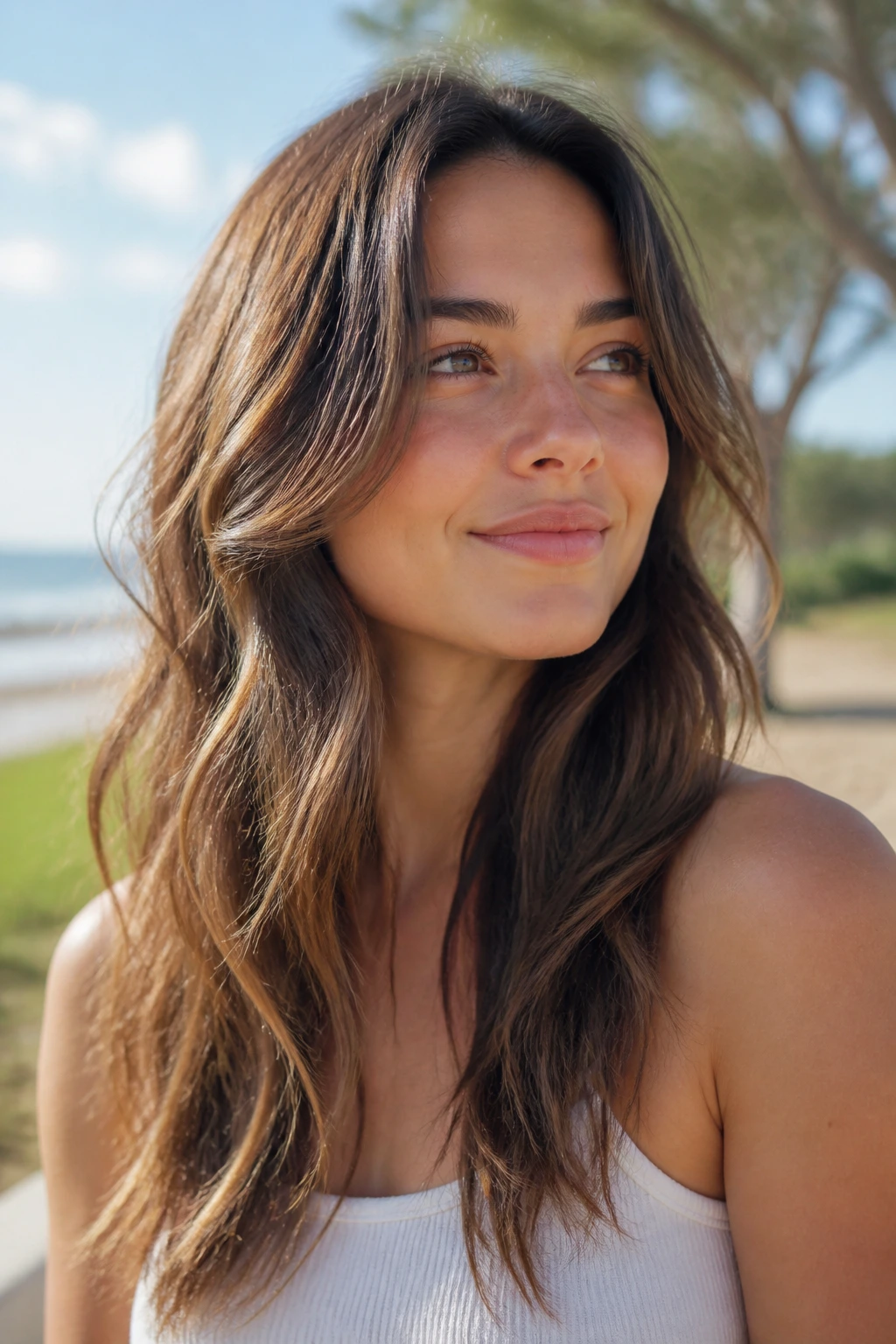 Real person with airy lived-in layers and natural bend in hair.