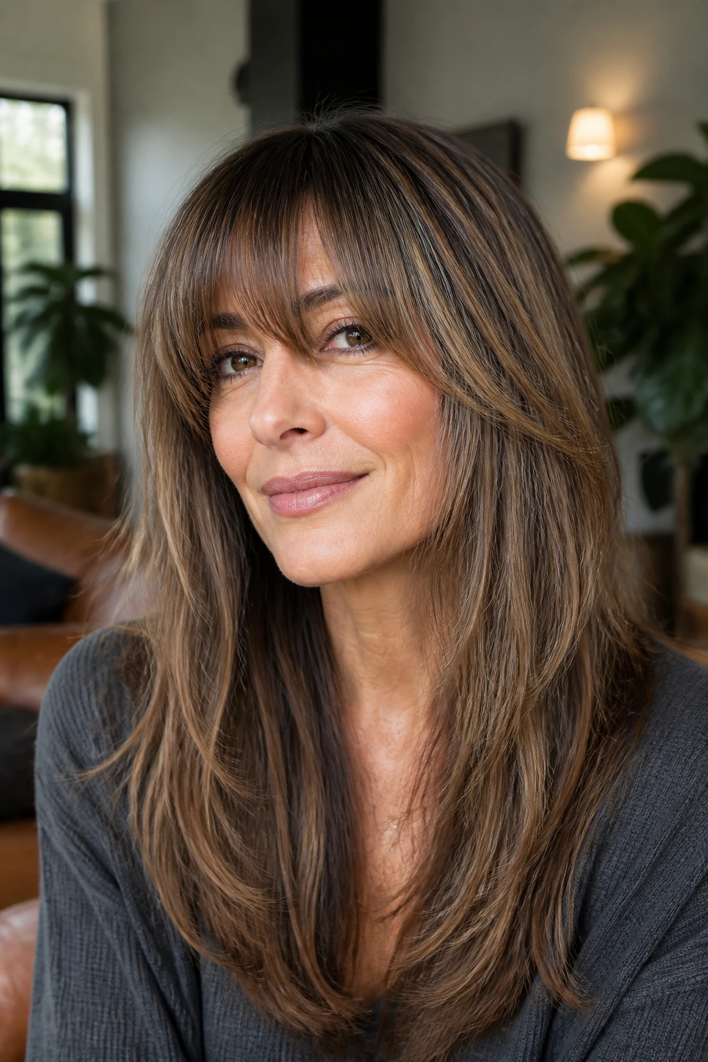 Portrait of a real woman with airy layers and sable lowlights in a cozy room