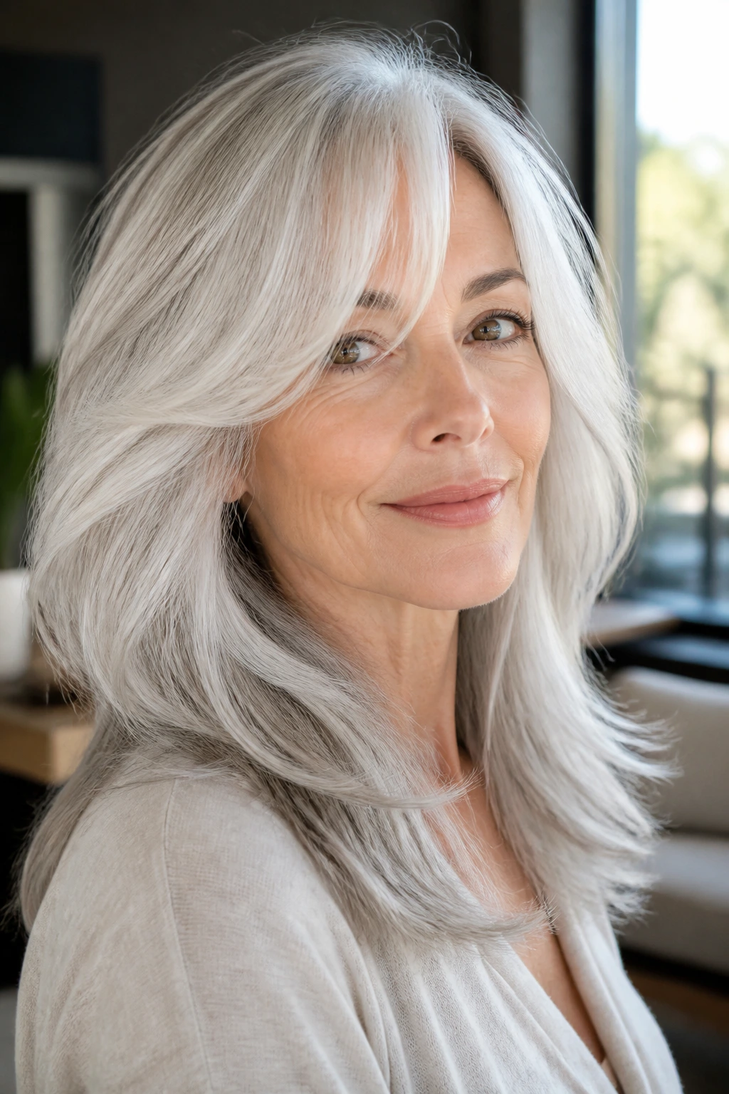 Close-up of a real woman with silver hair in airy layers around the face