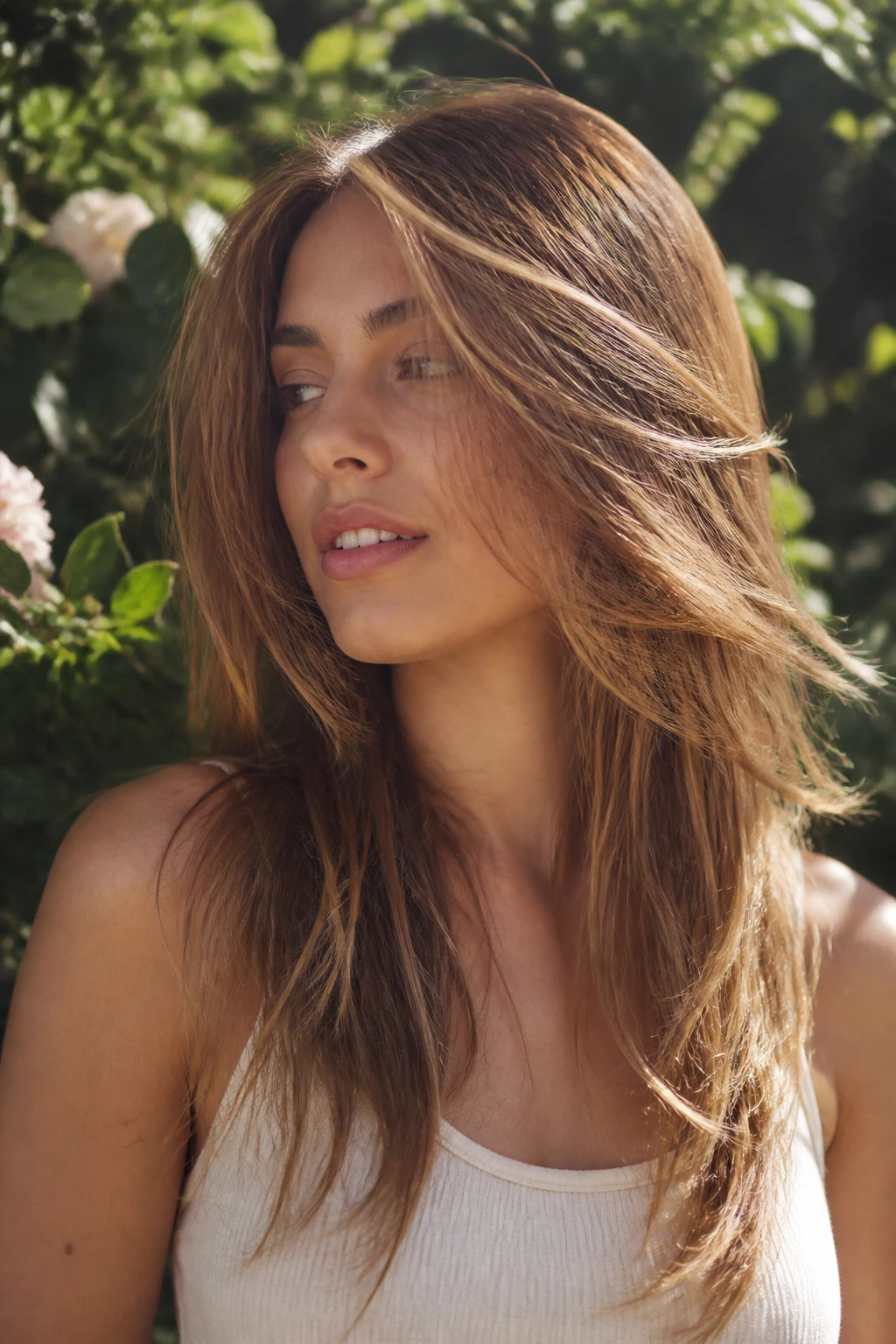 Close-up of a real person with long airy layers and caramel highlights in natural light outdoors.