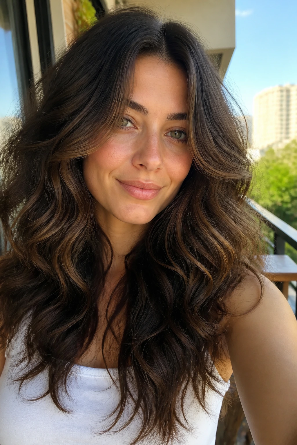 Real person with airy layers in thick wavy hair under natural sunlight