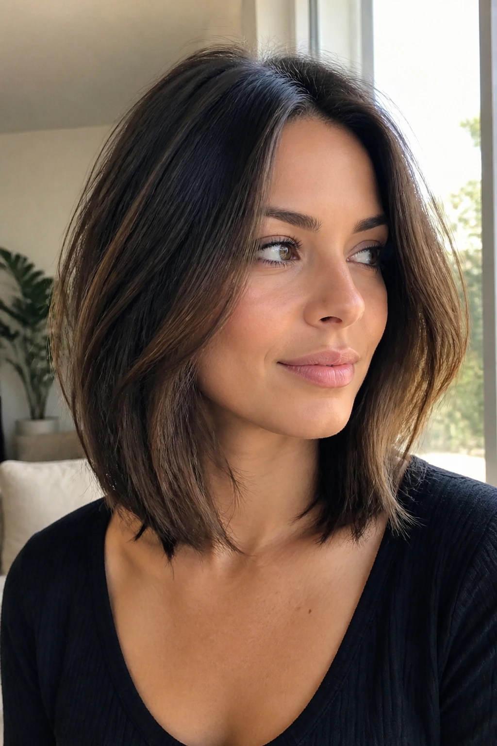 Close-up portrait of a person with an airy lob on dense hair in natural light.