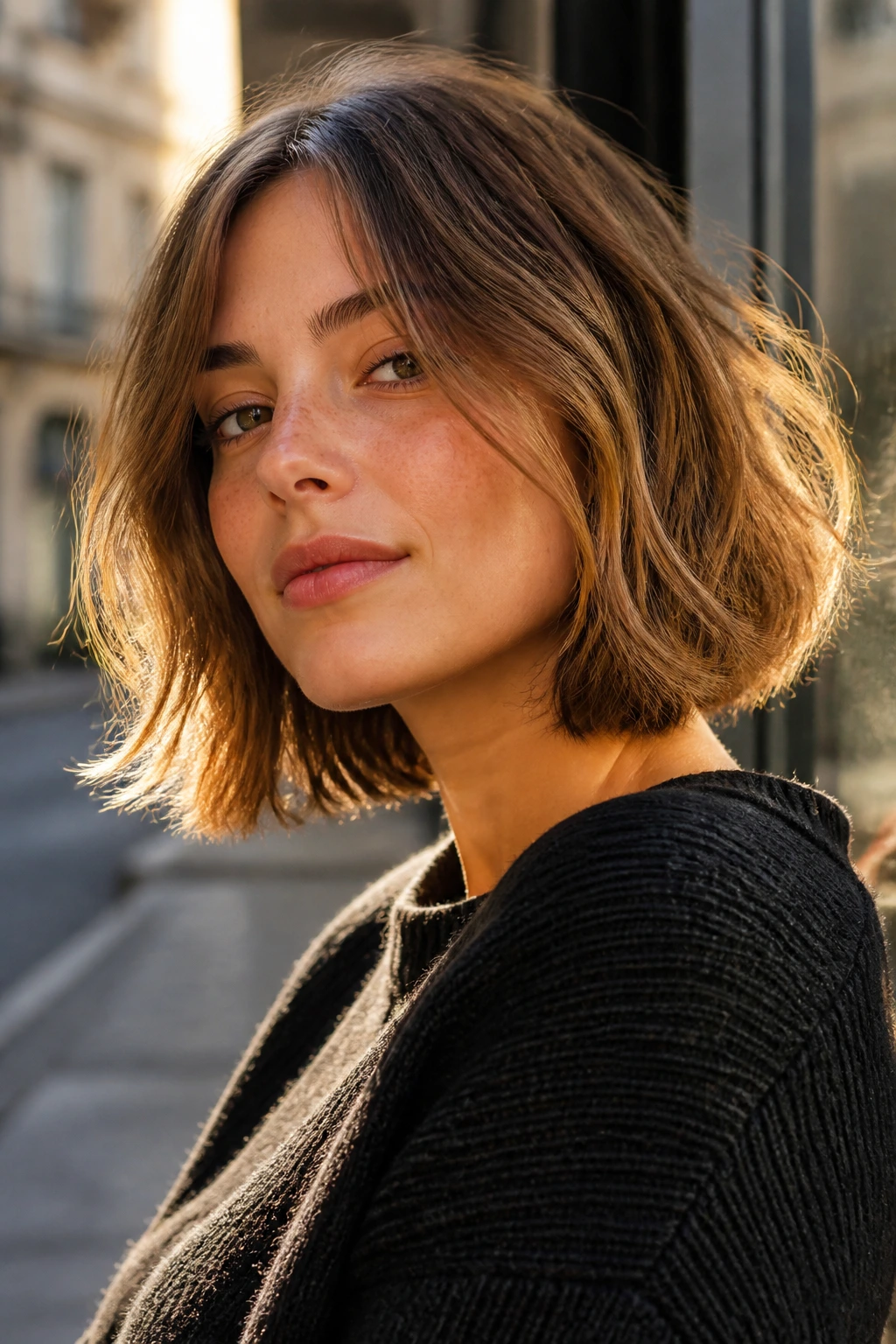 Real person with a French-inspired airy lob in morning light