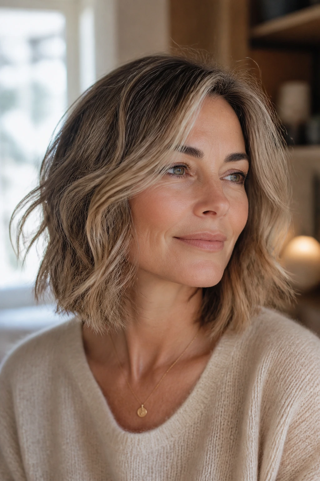 Close-up of a woman with an airy lob and soft loose waves