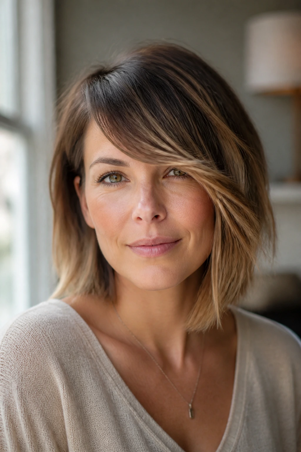 Close-up portrait showing airy asymmetrical lob with sweeping fringe