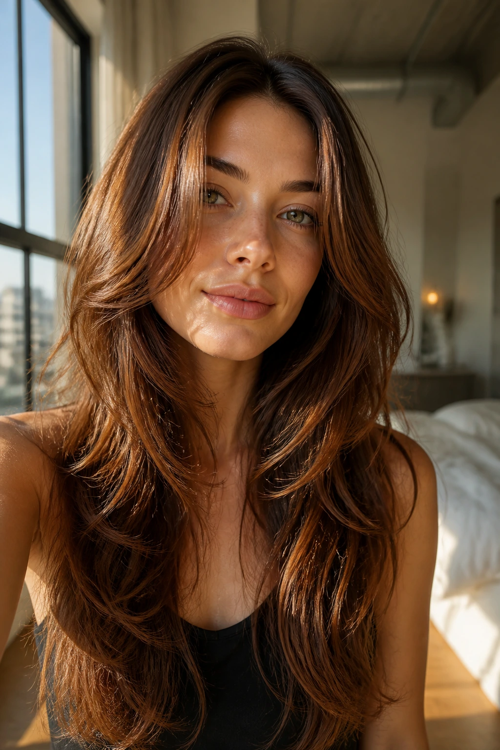 Close-up of a real woman with airy long layers and auburn lowlights