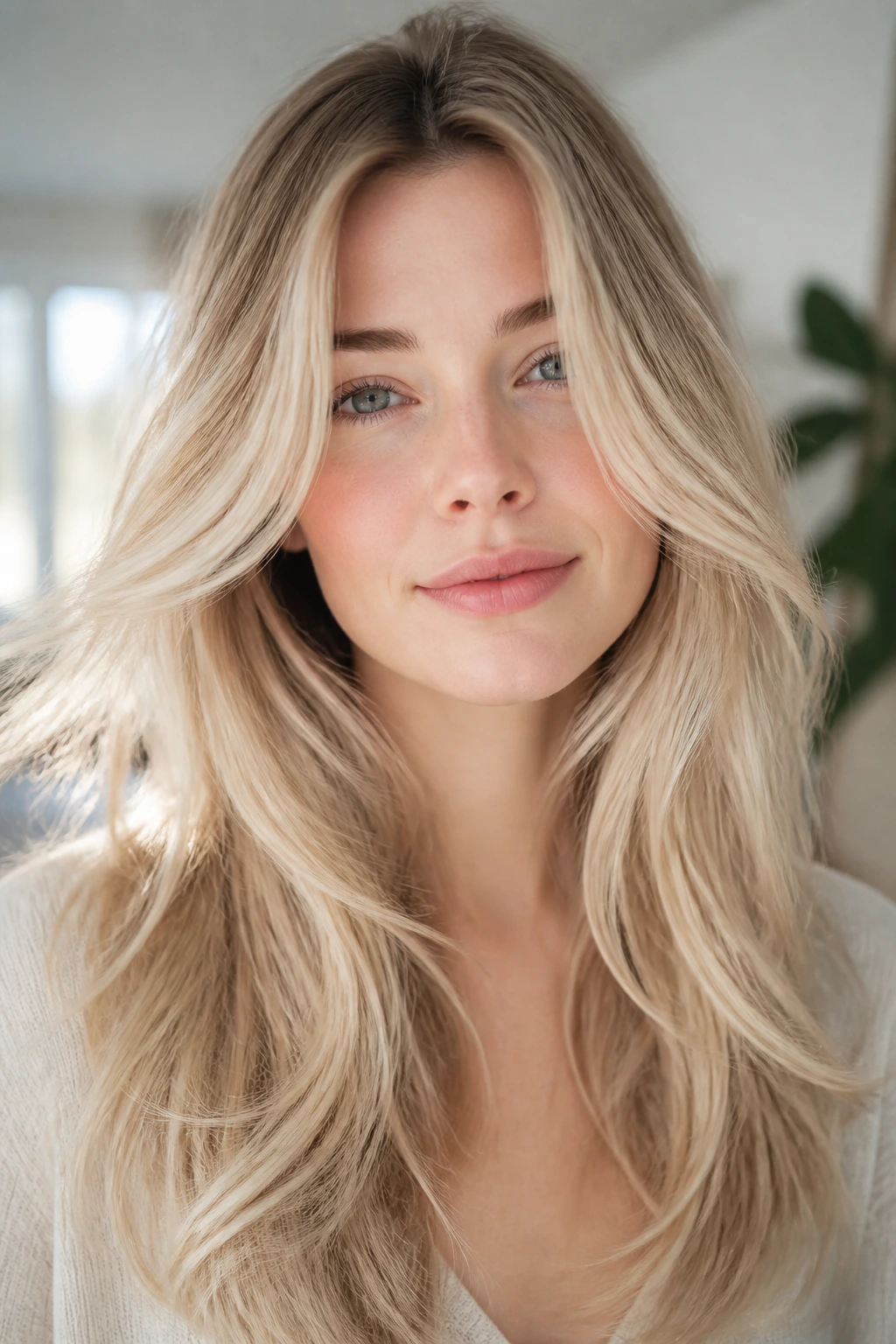 Real woman with airy long layers and ivory gloss in soft light.