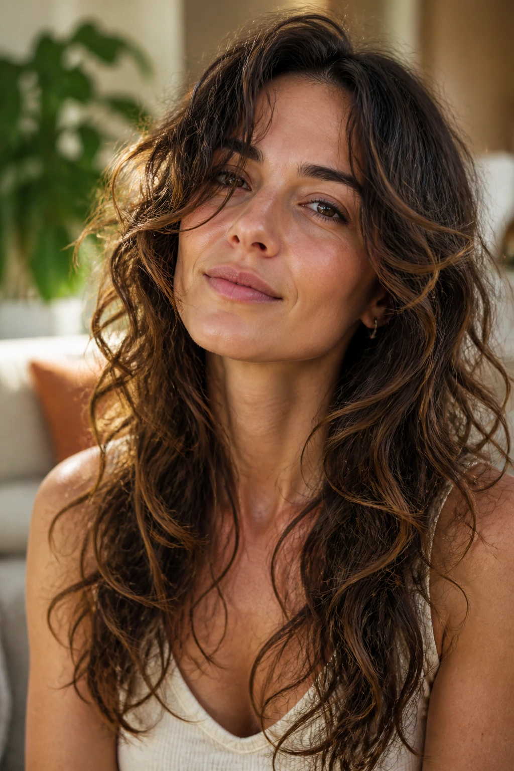 Close-up of a real woman with long, softly layered hair starting below the collarbone in a sunlit living room.