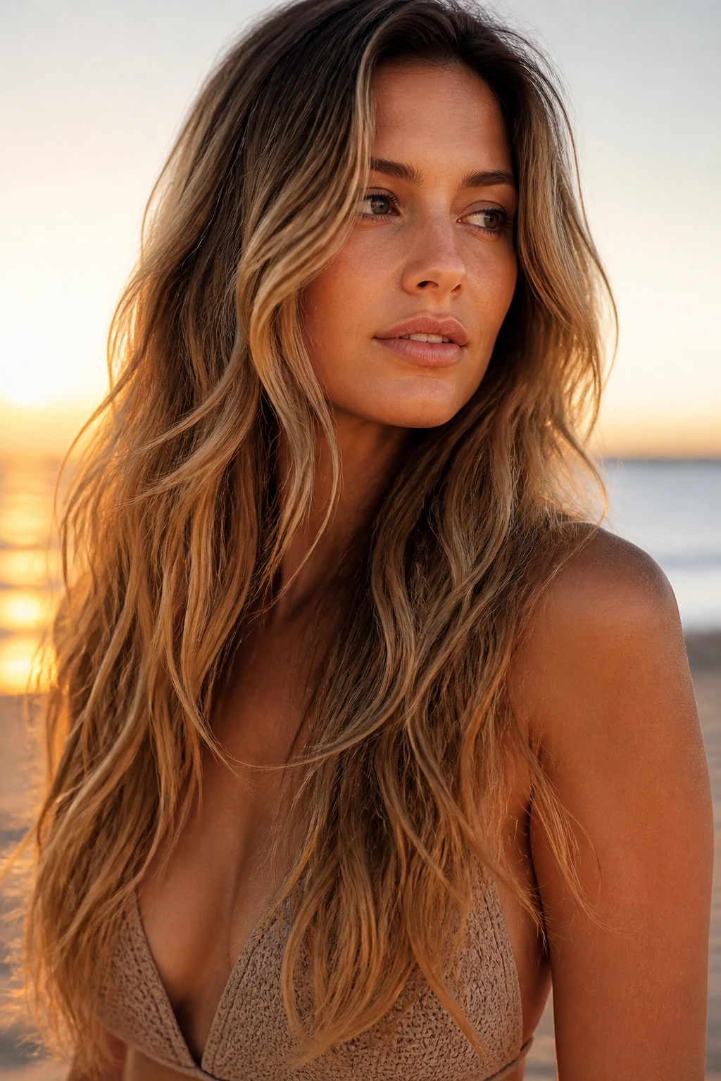 Close-up of a real woman with airy mermaid layers and tapered ends