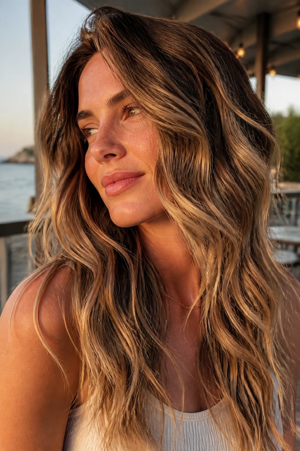 Portrait of a woman with airy mermaid waves and toasted almond lights