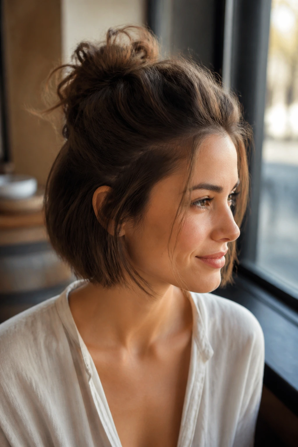 Airy messy puff half-up bun on short hair.