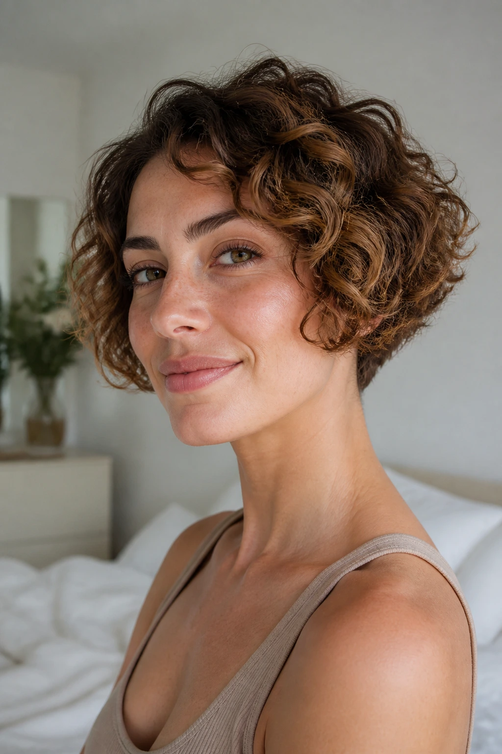 Close-up of a real woman with an airy micro-bob and tiny caramel lifts.