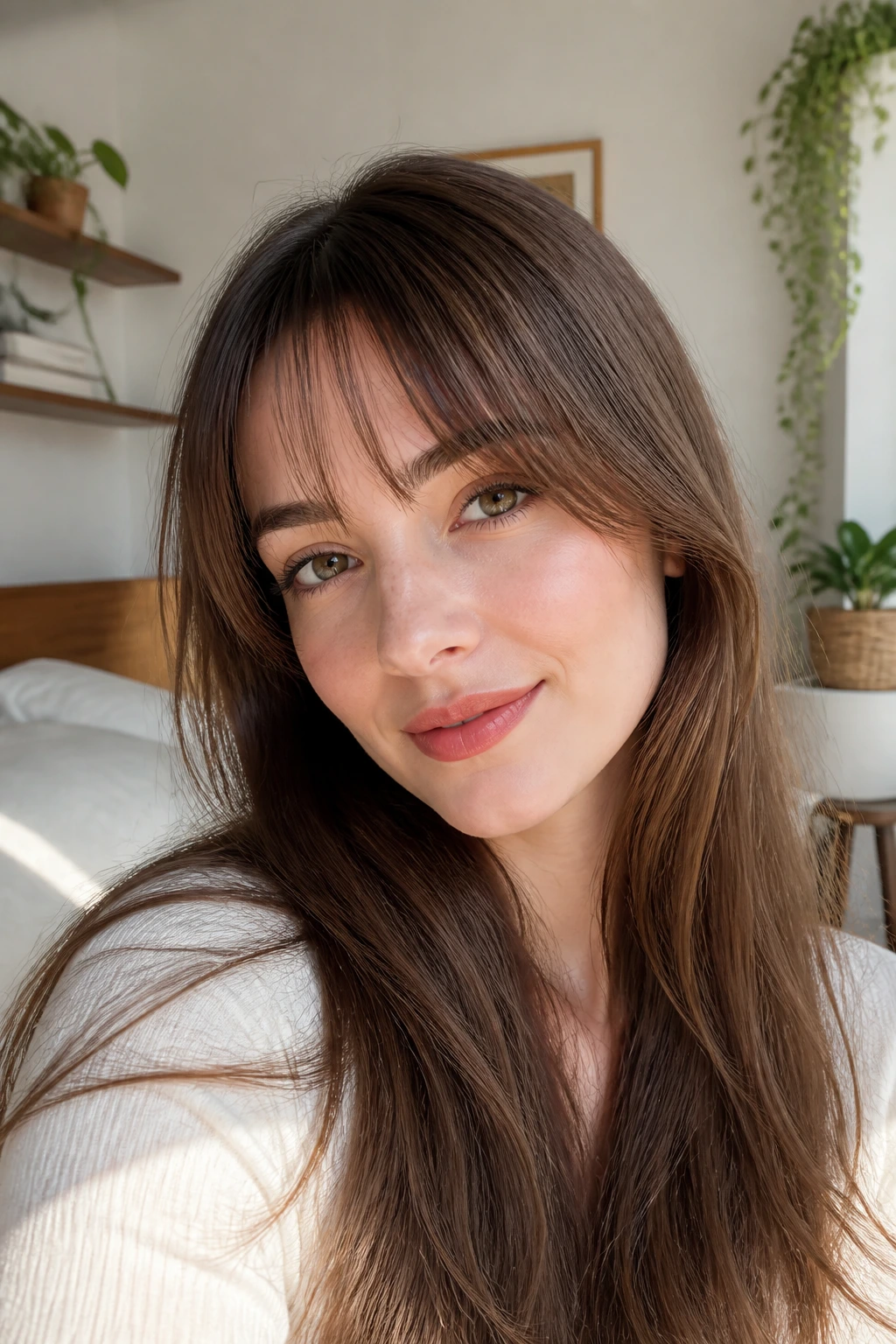 Close-up of a real woman with airy micro-curtain bangs in bright natural light