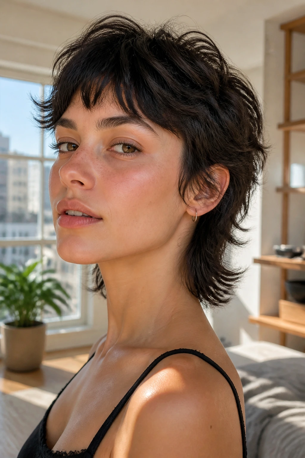 Real woman with airy micro-mullet wolf cut, crown lift and light perimeter.