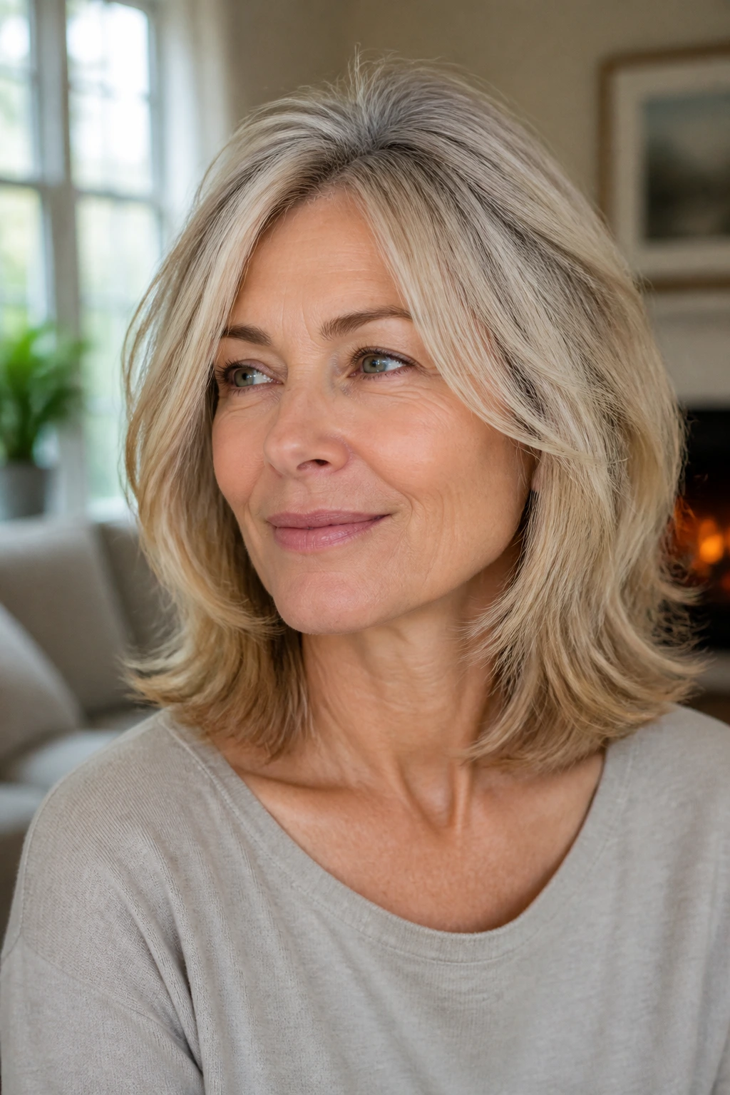 Close-up portrait of a woman with an airy mid-length cut and hidden layers, natural window light
