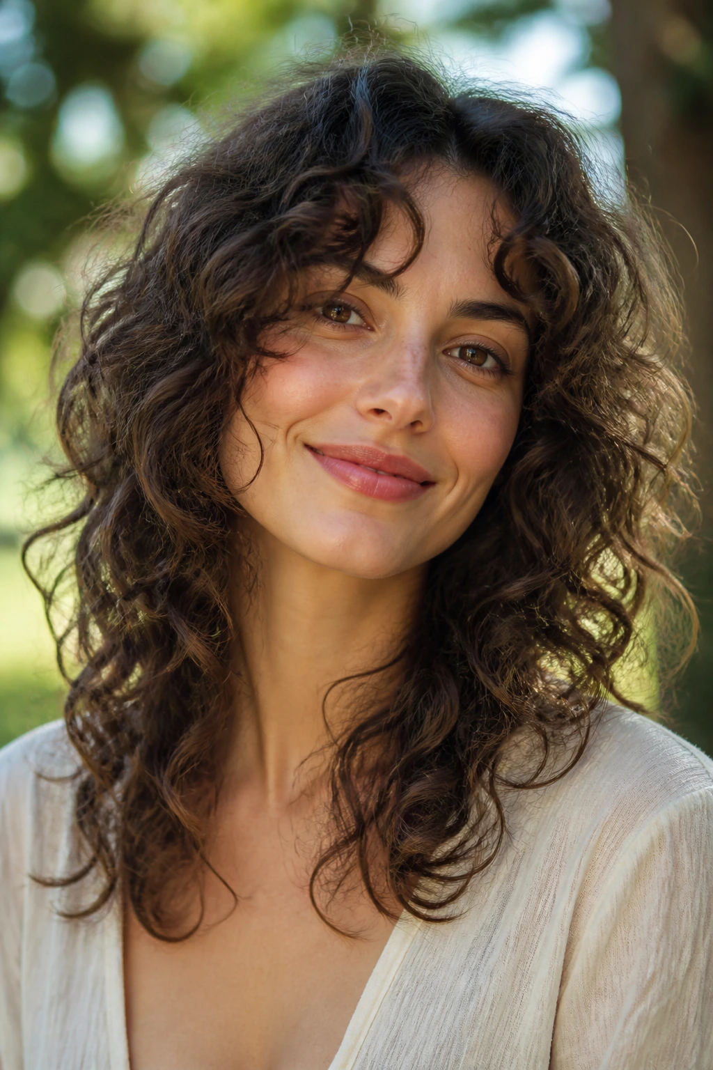 Portrait of a real woman with airy mid-length layered curls.