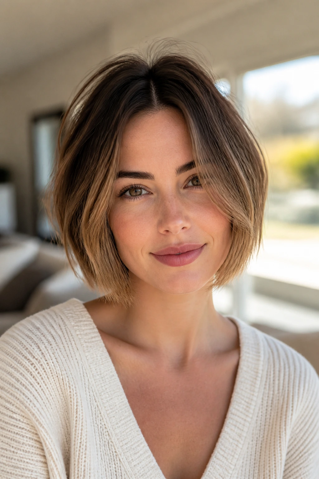 Close-up of a real woman with an airy middle-part bob