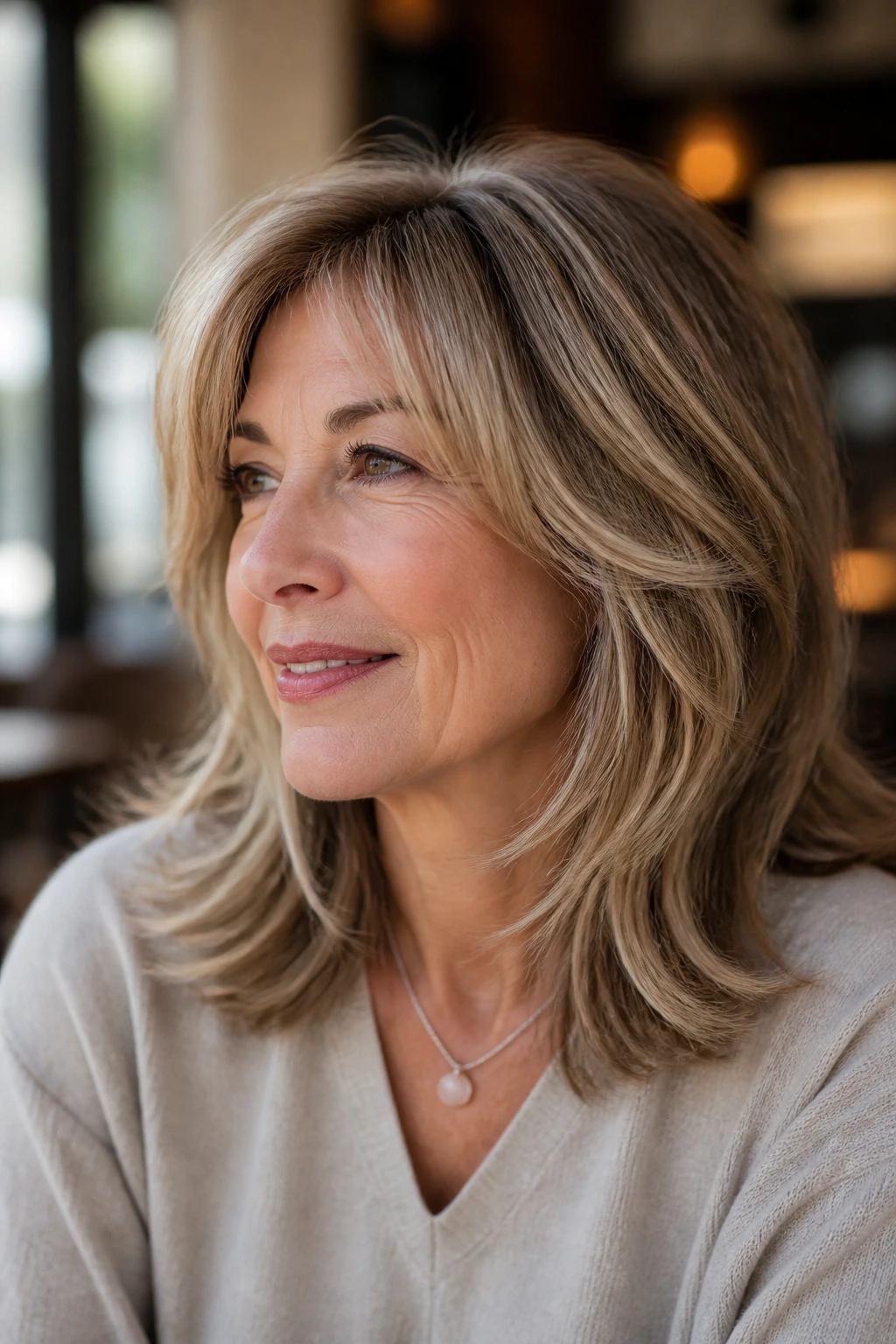 Close-up portrait of a real woman with an airy midi cut and feathered ends under natural light.