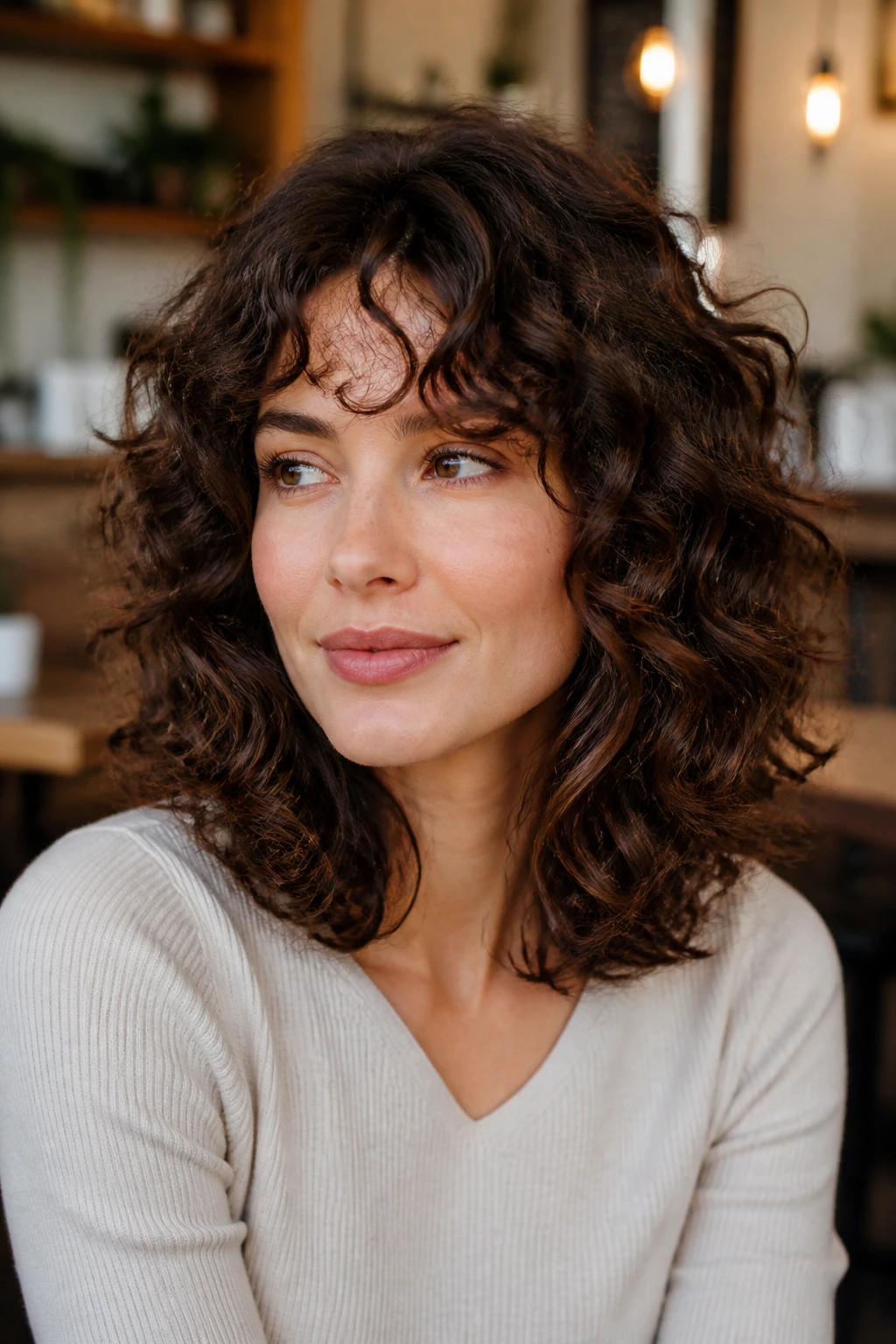 Close-up of a real person with mid-length curls and soft ends
