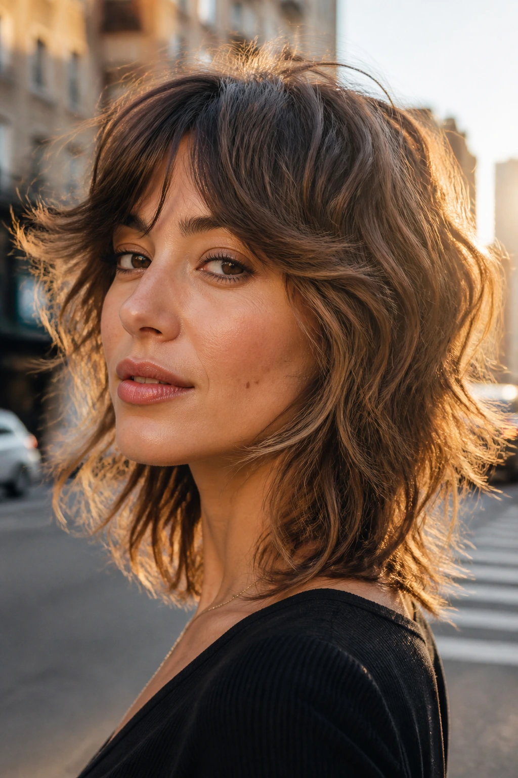 Portrait of a real woman with airy midlength shag under golden hour light