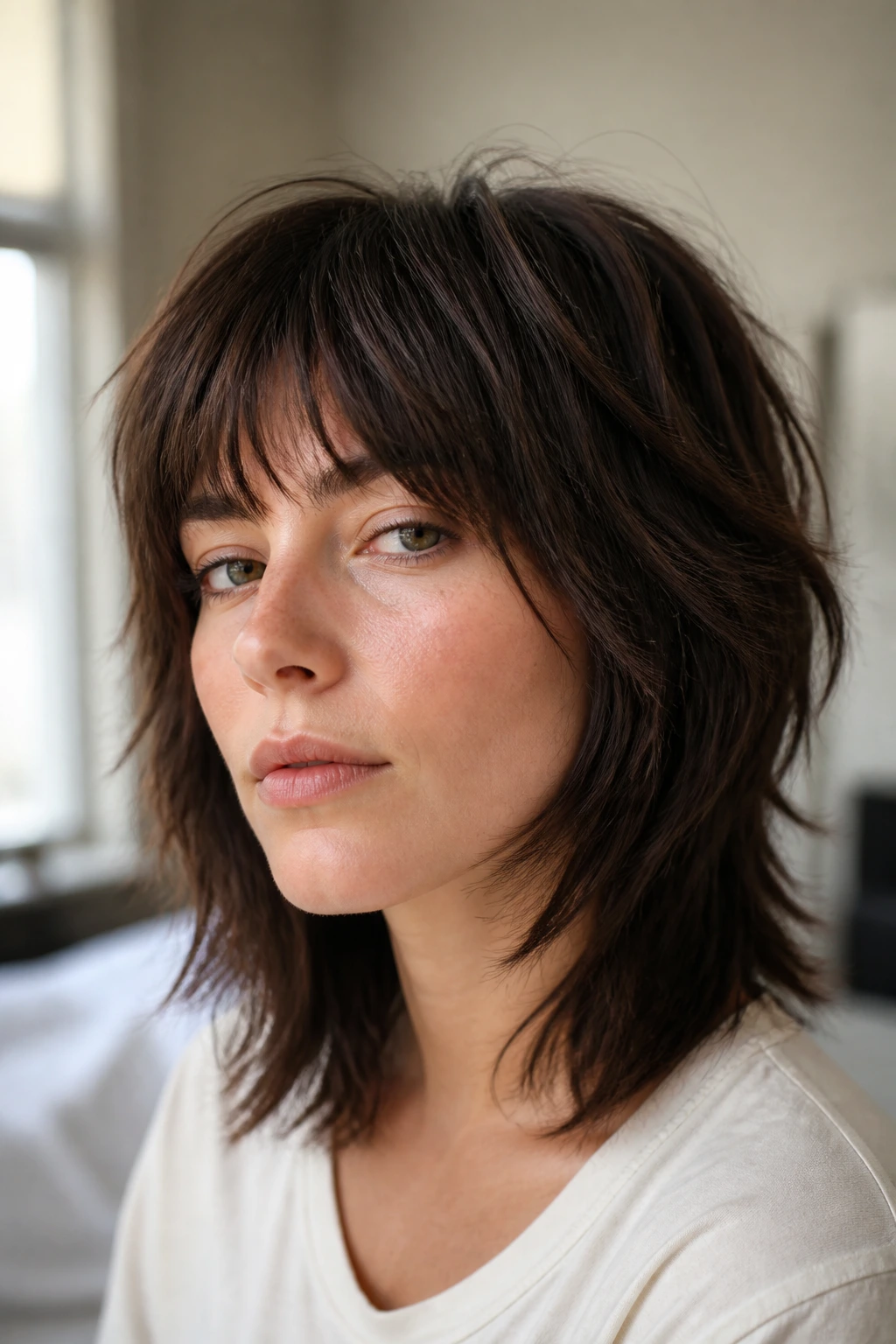 Real person with airy minimal shag featuring subtle layering and clean perimeter.