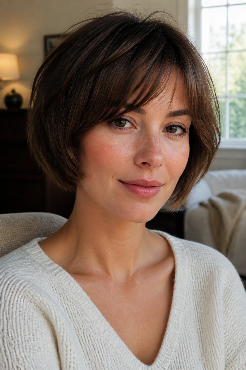 Close-up portrait of a woman with airy mushroom bob hairstyle