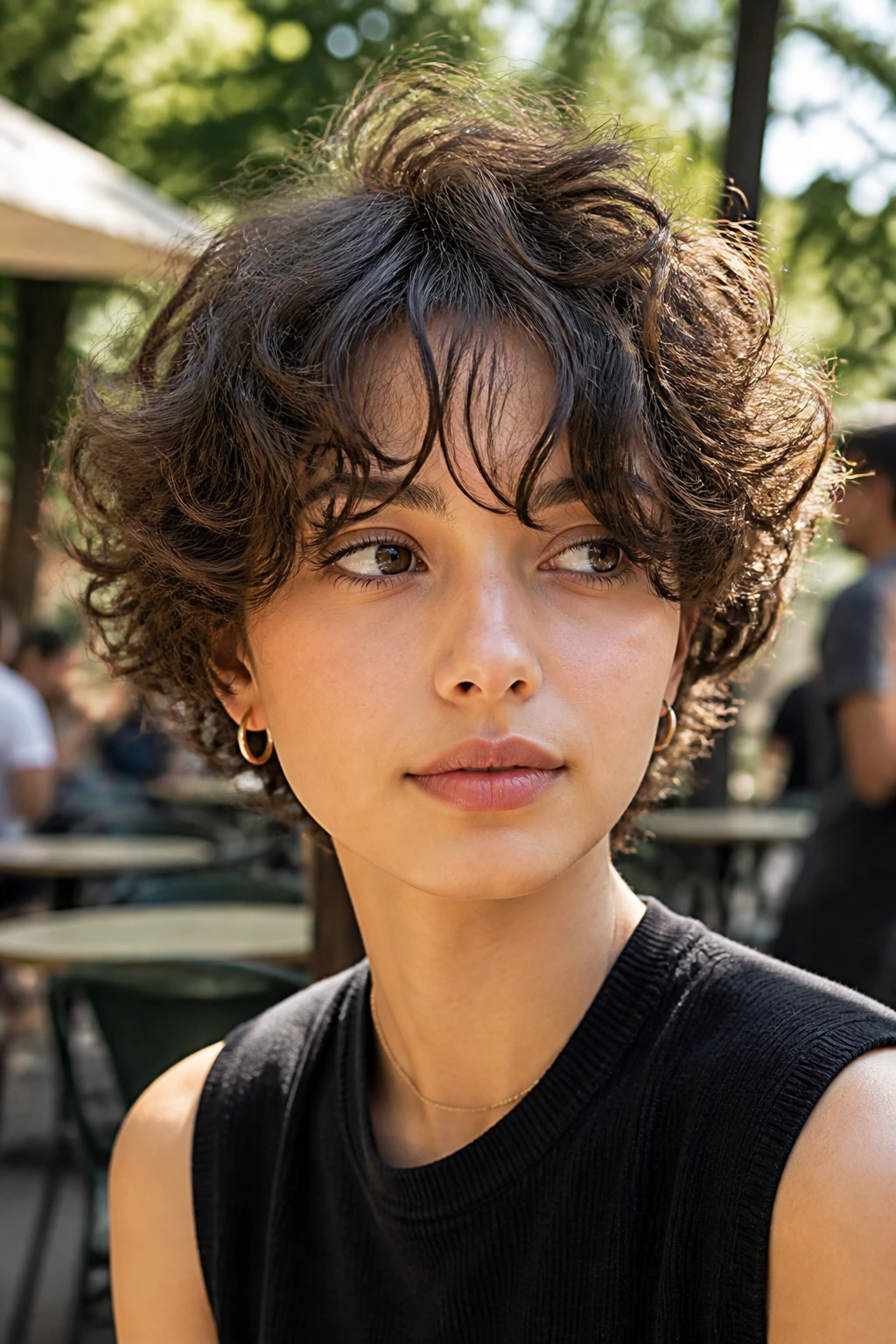 Portrait of a person with airy natural crop and gentle curtain bangs in daylight