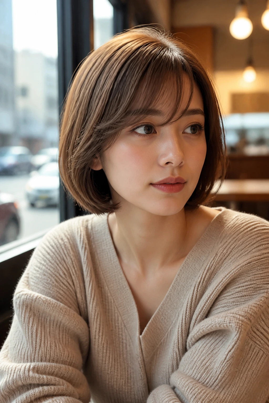 Close-up of real person with airy pageboy sweep hairstyle