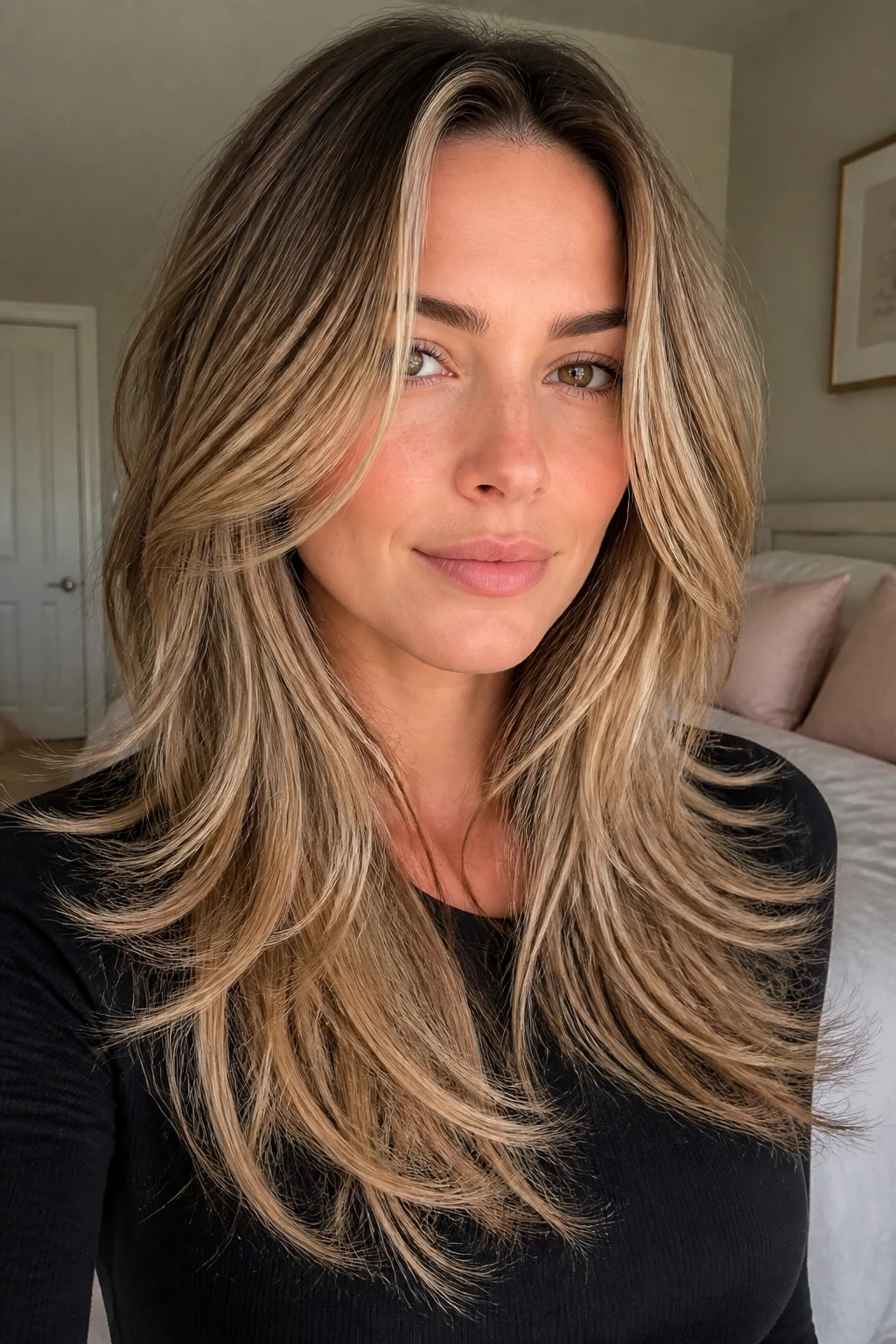 Portrait of a real woman with long layers and an airy perimeter softening the frame.