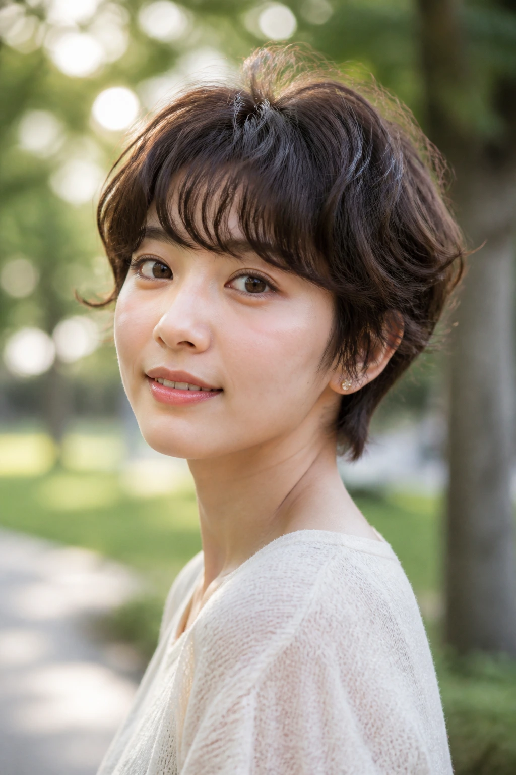 Close-up portrait of a real woman with curved bangs on an airy perm-style pixie outdoors