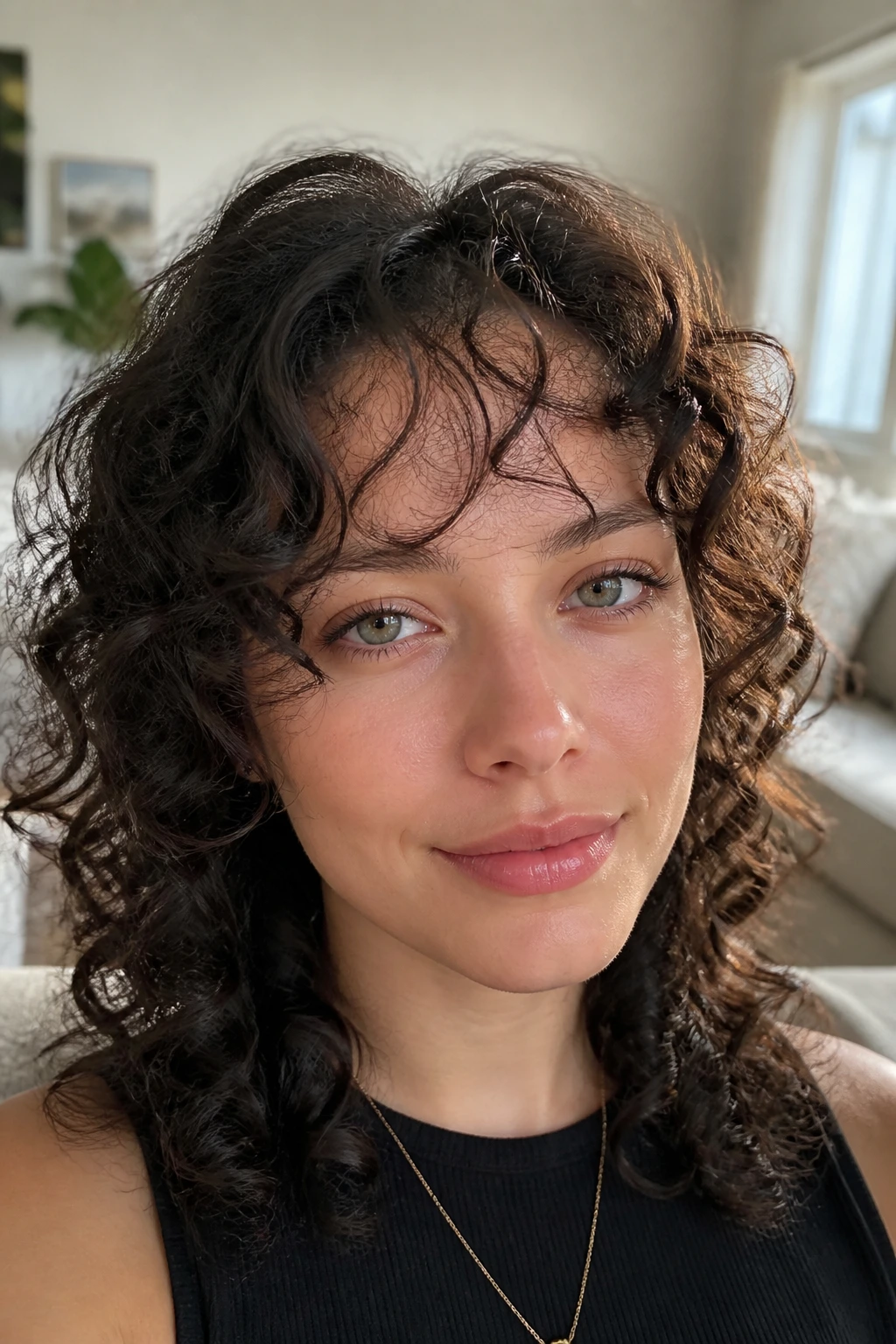 Real person with airy piecey bangs, forehead visible.