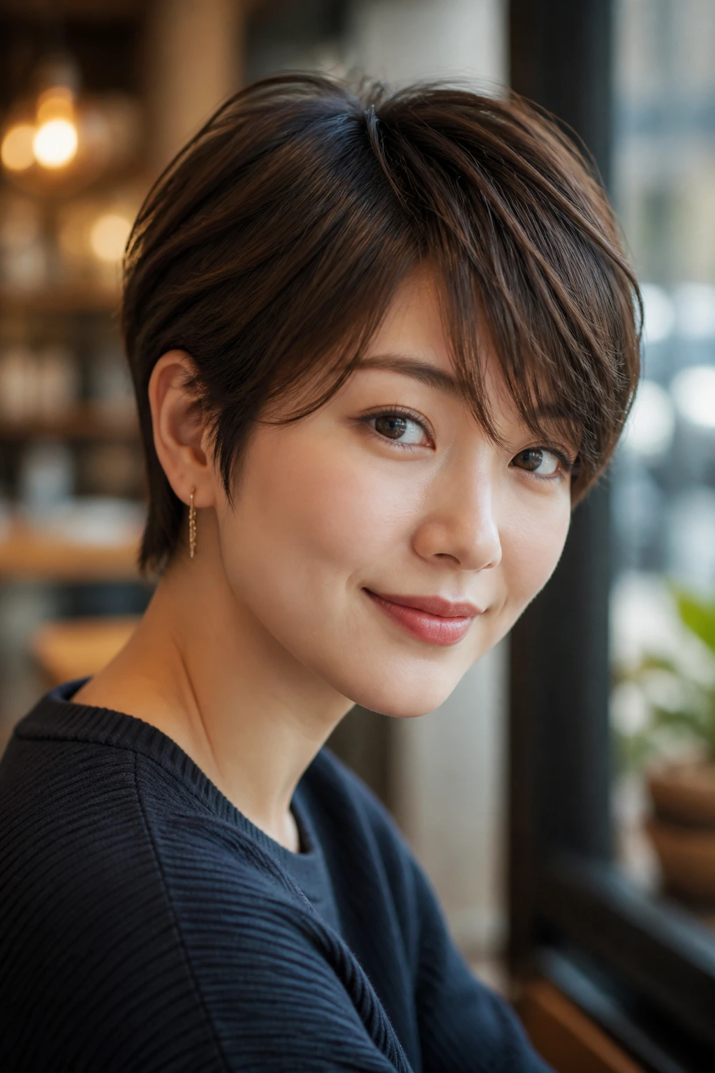 Close-up of a woman with an airy pixie and side-swept bangs in cafe lighting.