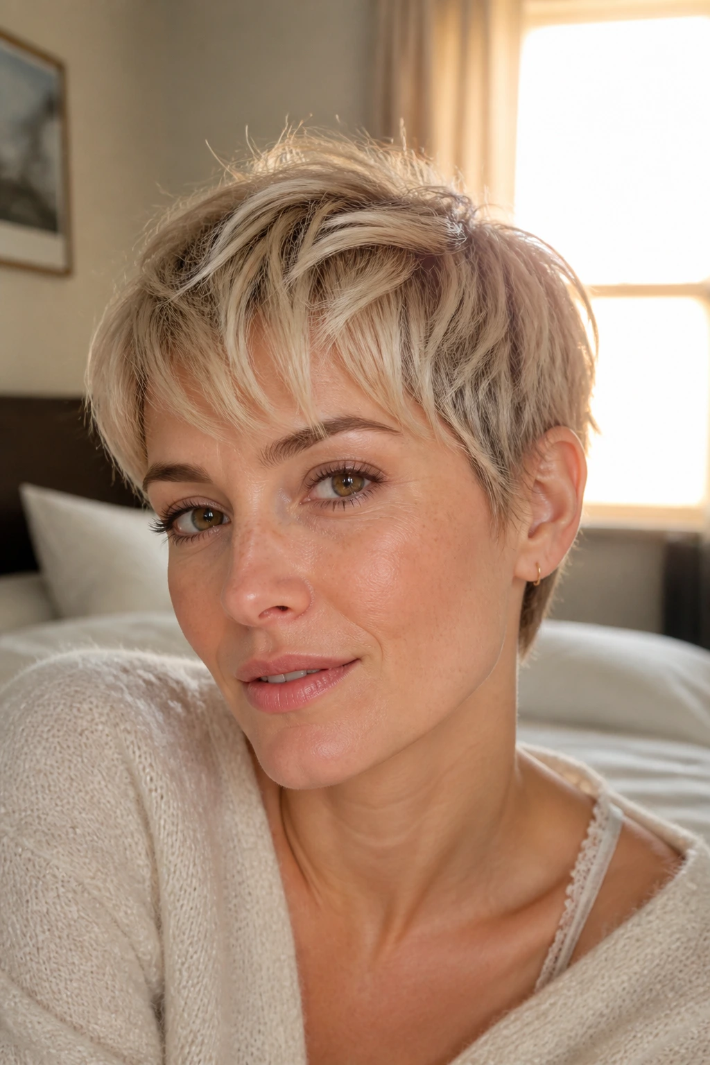 Close-up of a real woman with an airy French pixie and soft fringe in natural window light.