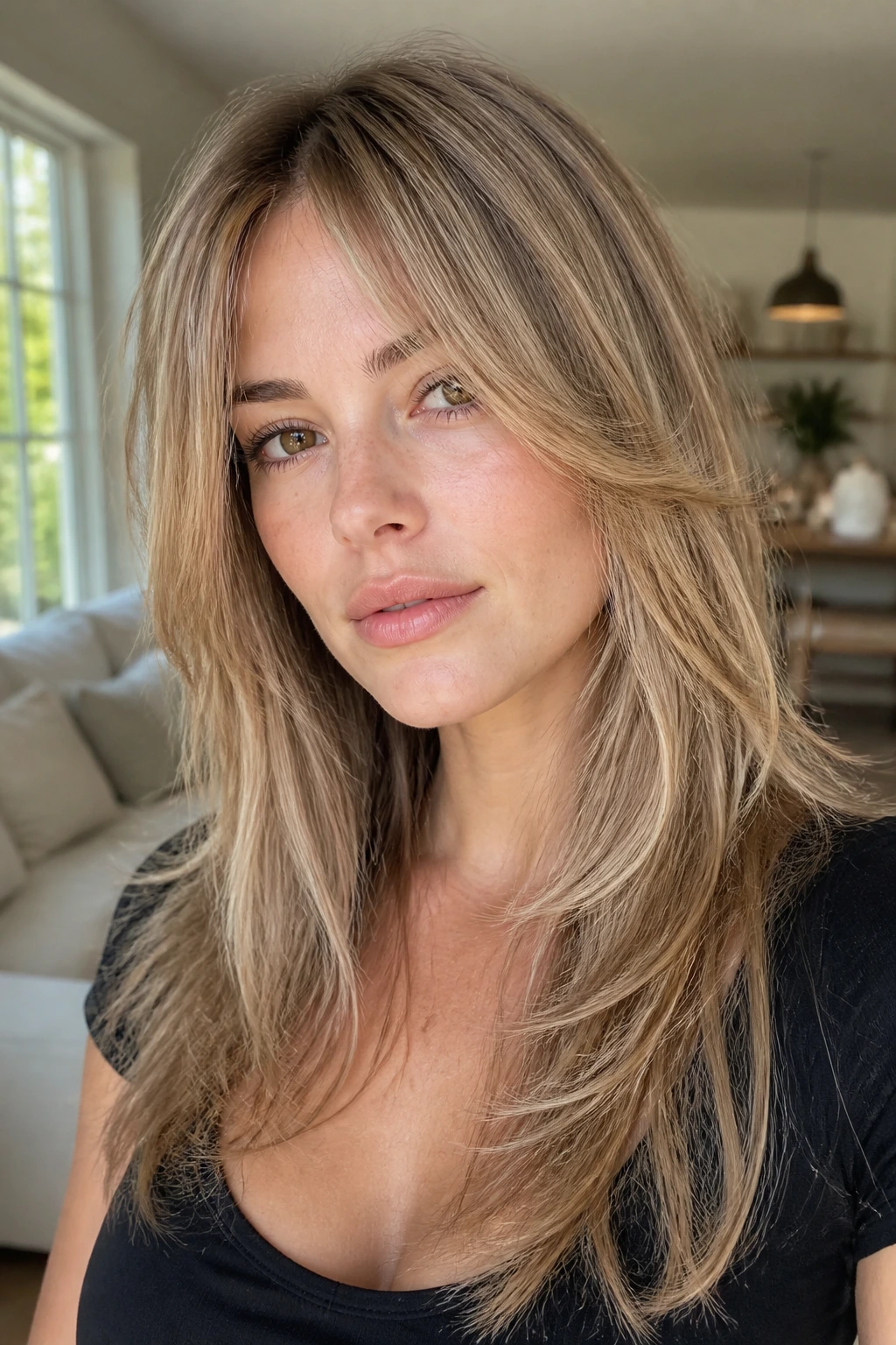 Close-up of a real woman showing airy razor-cut layers for a soft, light finish.