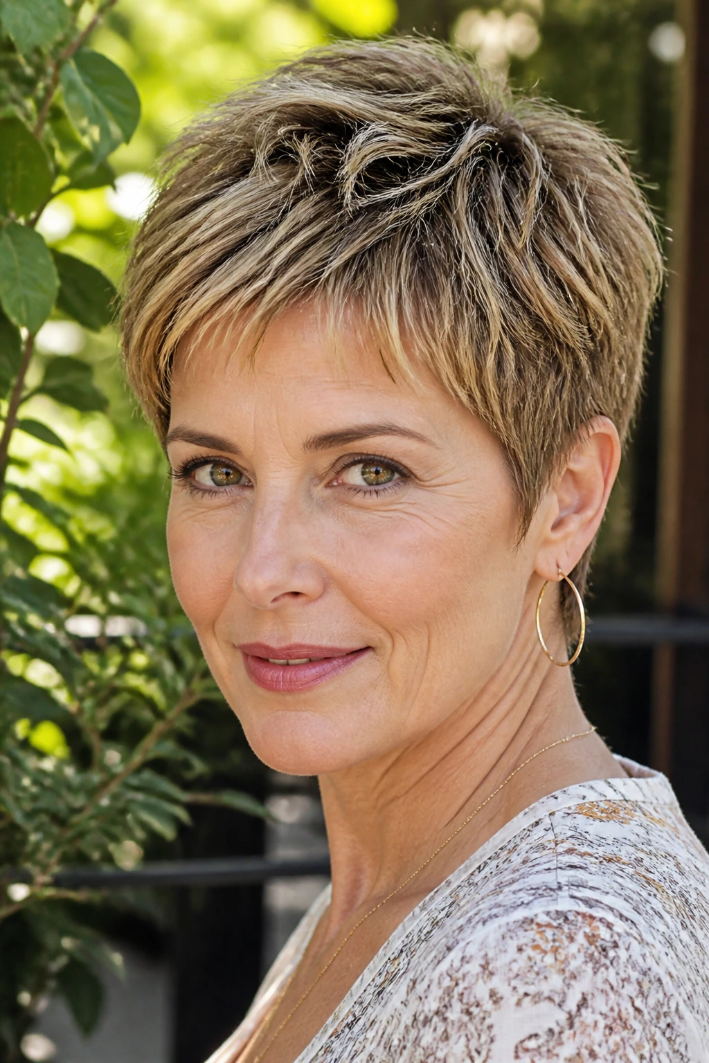 Close-up of a real woman with an airy razor pixie and caramel highlights.