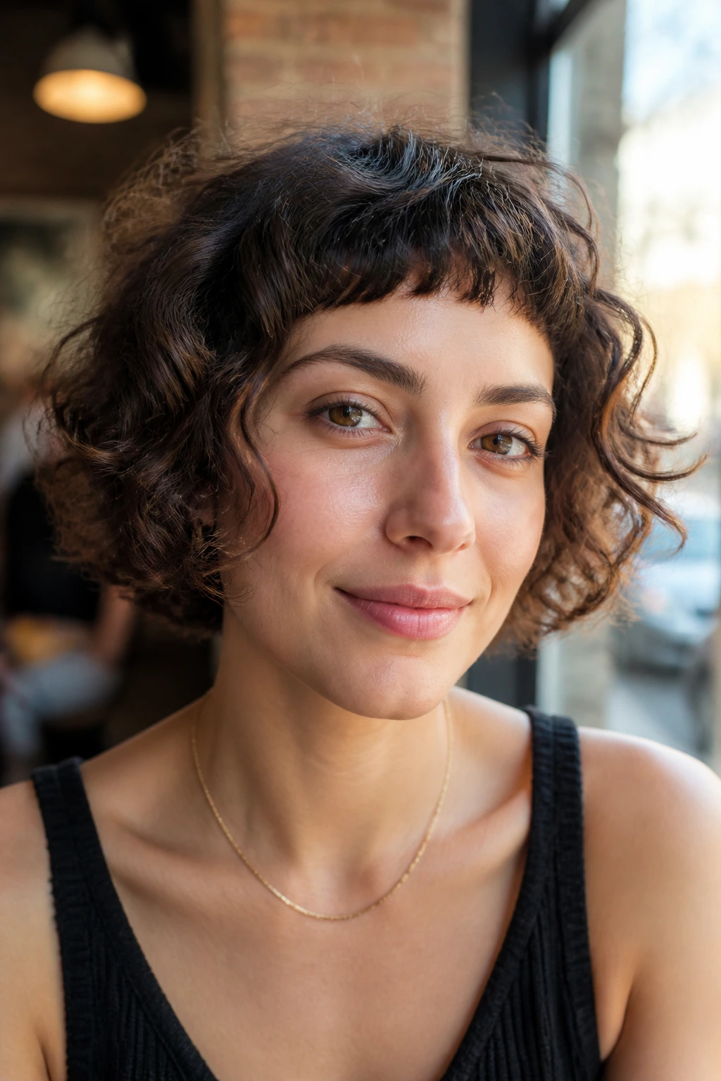 Real person with airy ringlet bob and micro fringe in daylight setting