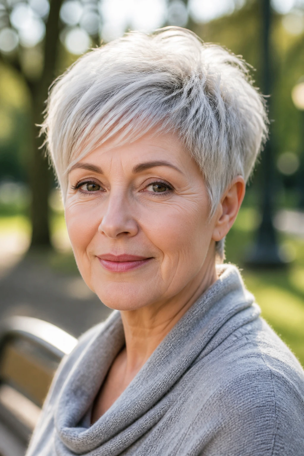 Close-up of a real woman with an airy rounded pixie hairstyle in natural outdoor light
