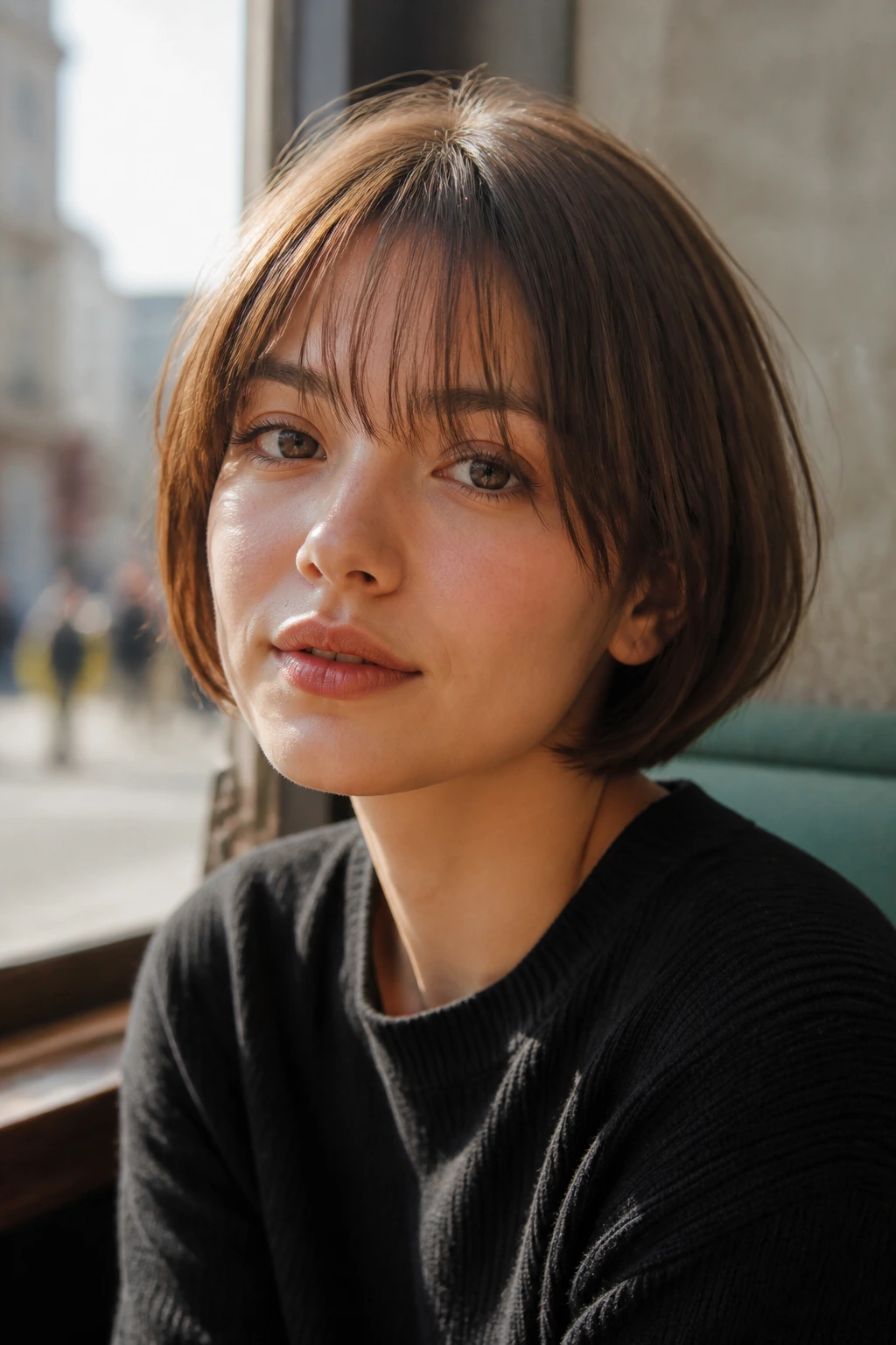 Close-up portrait of a real woman with airy see-through bangs on a compact bob