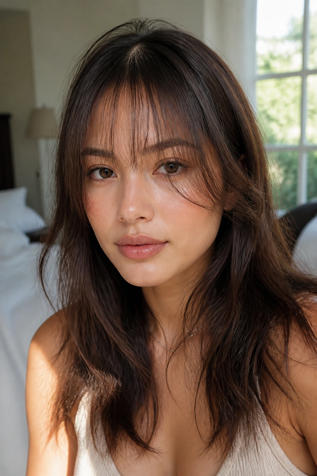 Close-up of a real woman with airy see-through bangs from brow to cheekbone