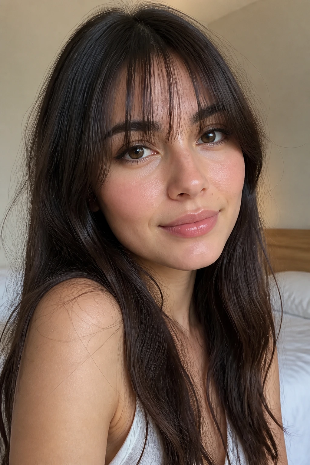 Brunette with airy see-through bangs in bright daylight bedroom