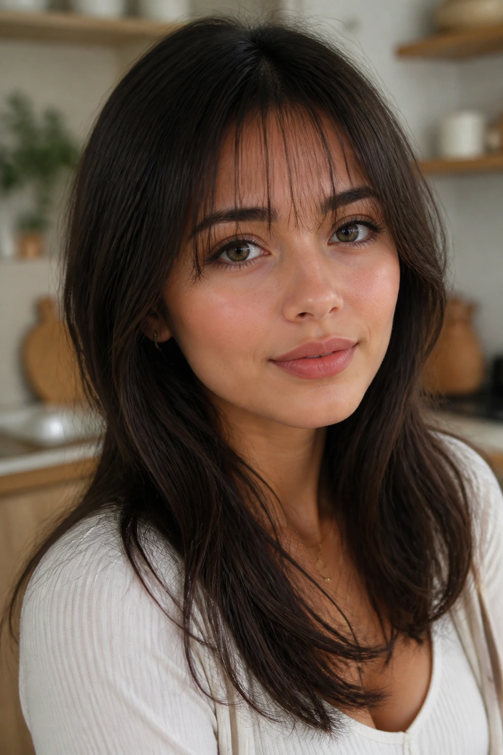 Close-up portrait of a real woman with airy see-through bangs.