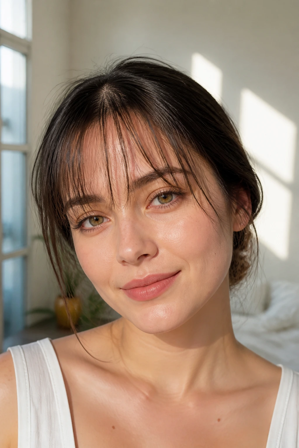 Portrait of a person with airy see-through fringe showing forehead through light hair.