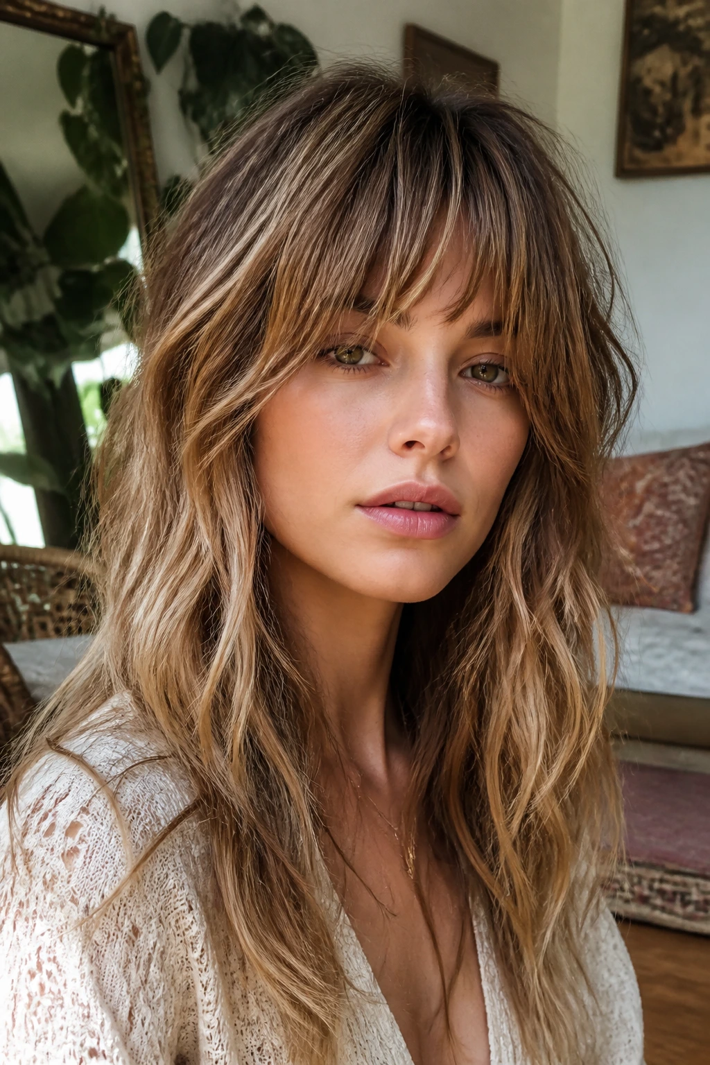 Close-up portrait of a real person wearing airy shag bangs with textured fringe