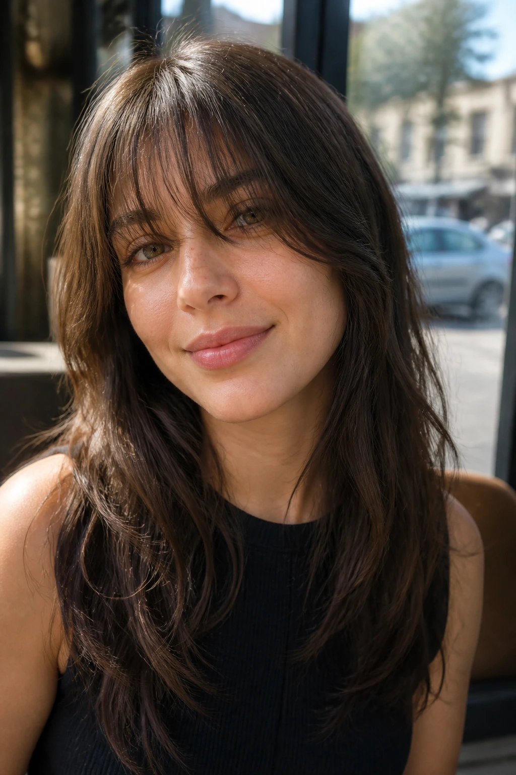 Close-up portrait of a real person with airy shag bangs and feathered front pieces.